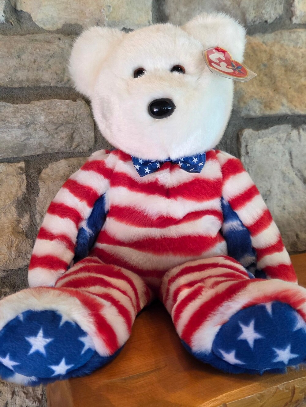 Ty Beanie Babie Buddie Liberty White Head Bear 14" Patriotic Flag Red White Blue